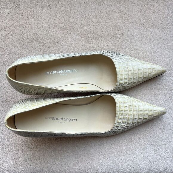 Emanuel Urgaro Paris Embossed Snakeskin Cream Taupe Leather Pumps Pointy Women 8 - Picture 6 of 16